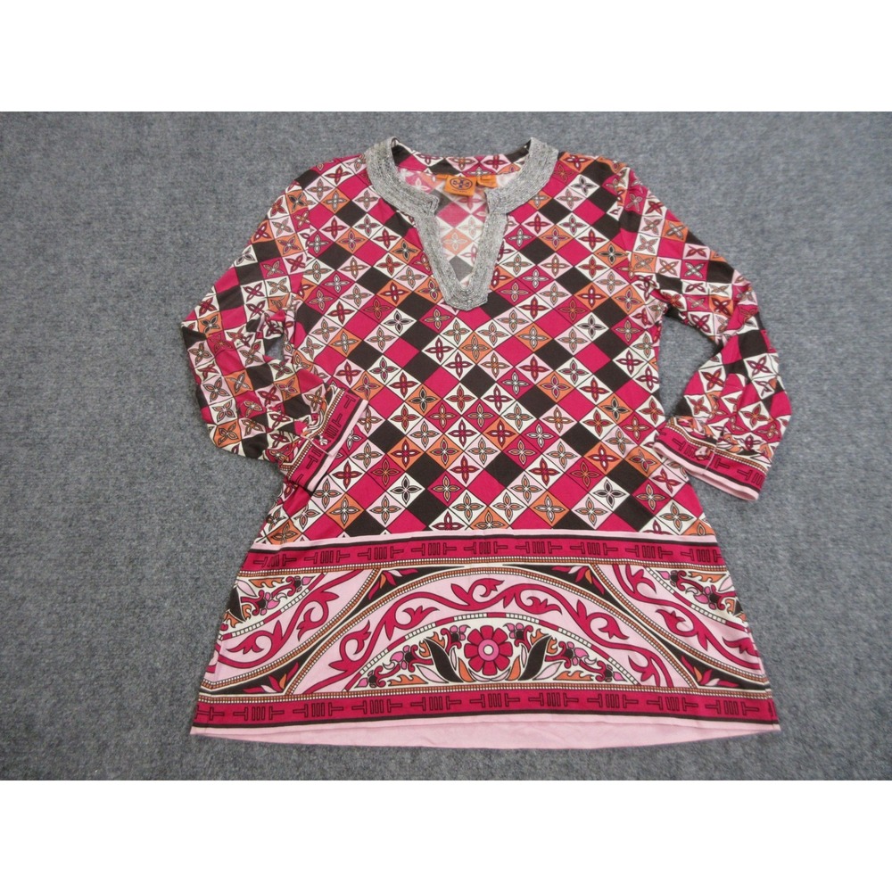 Tory Burch Shirt Womens Medium Silk Tunic Beaded Split Neck Geometric‎ 32072116